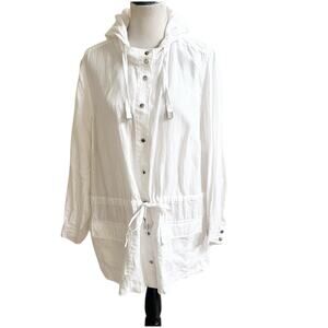 Rachel By Rachel Roy White 100% Linen Jacket Sz 1X Hood Drawcord Waist Washable